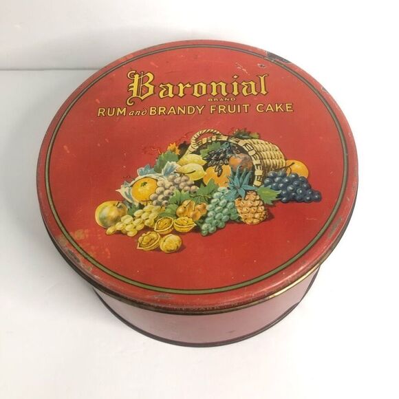 vtg baronial brand rum and brandy fruit cake metal tin round red htf as is - Picture 1 of 15